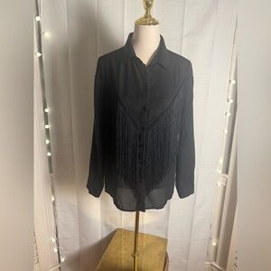 Timing Black Long Sleeve Notched Collar Button Down Fringe Shirt